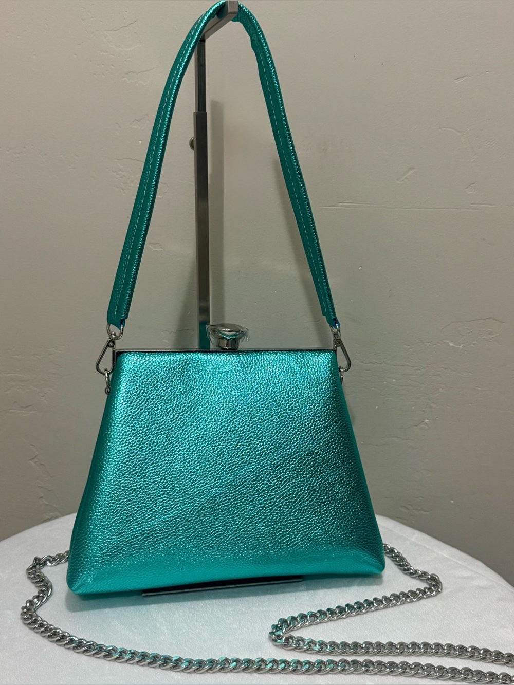 Metallic Blue Genuine Leather Handmade Push Lock Boxy Shoulder Bag, Crossbody
